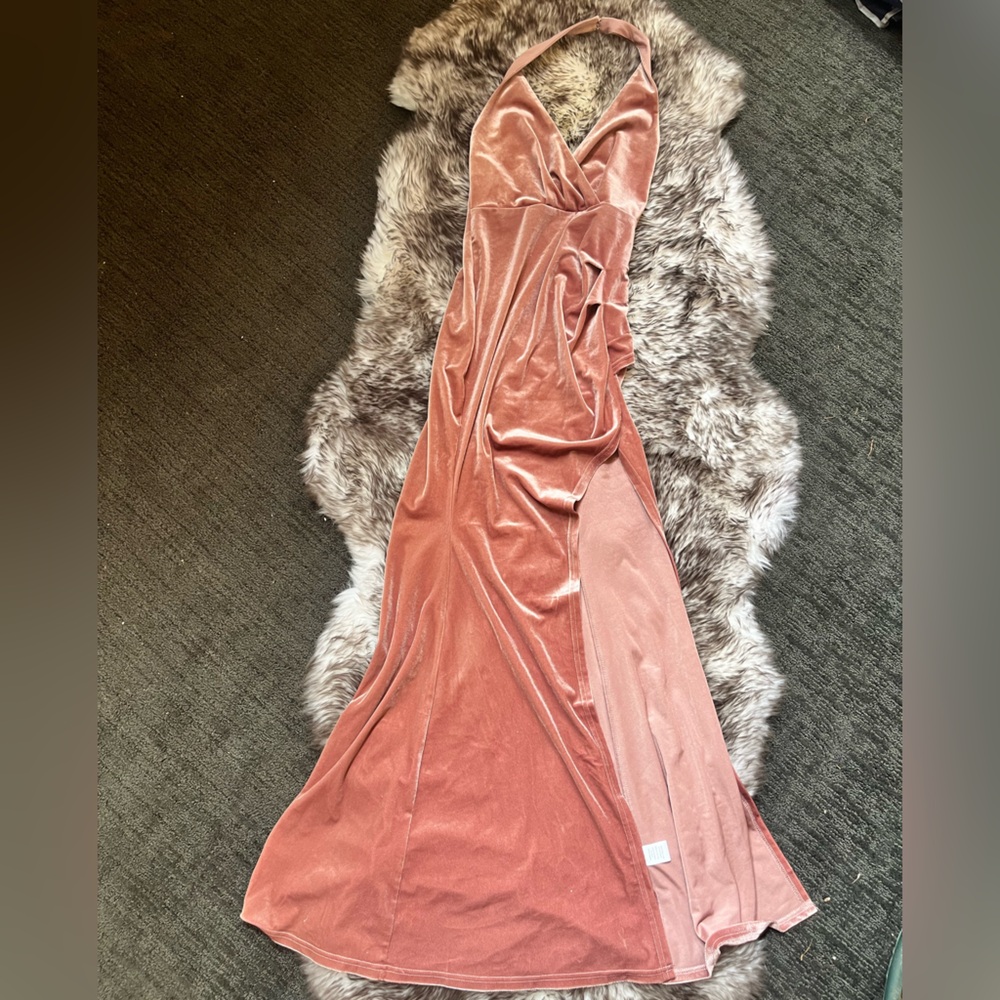 Privy pink long shimmery side split dress